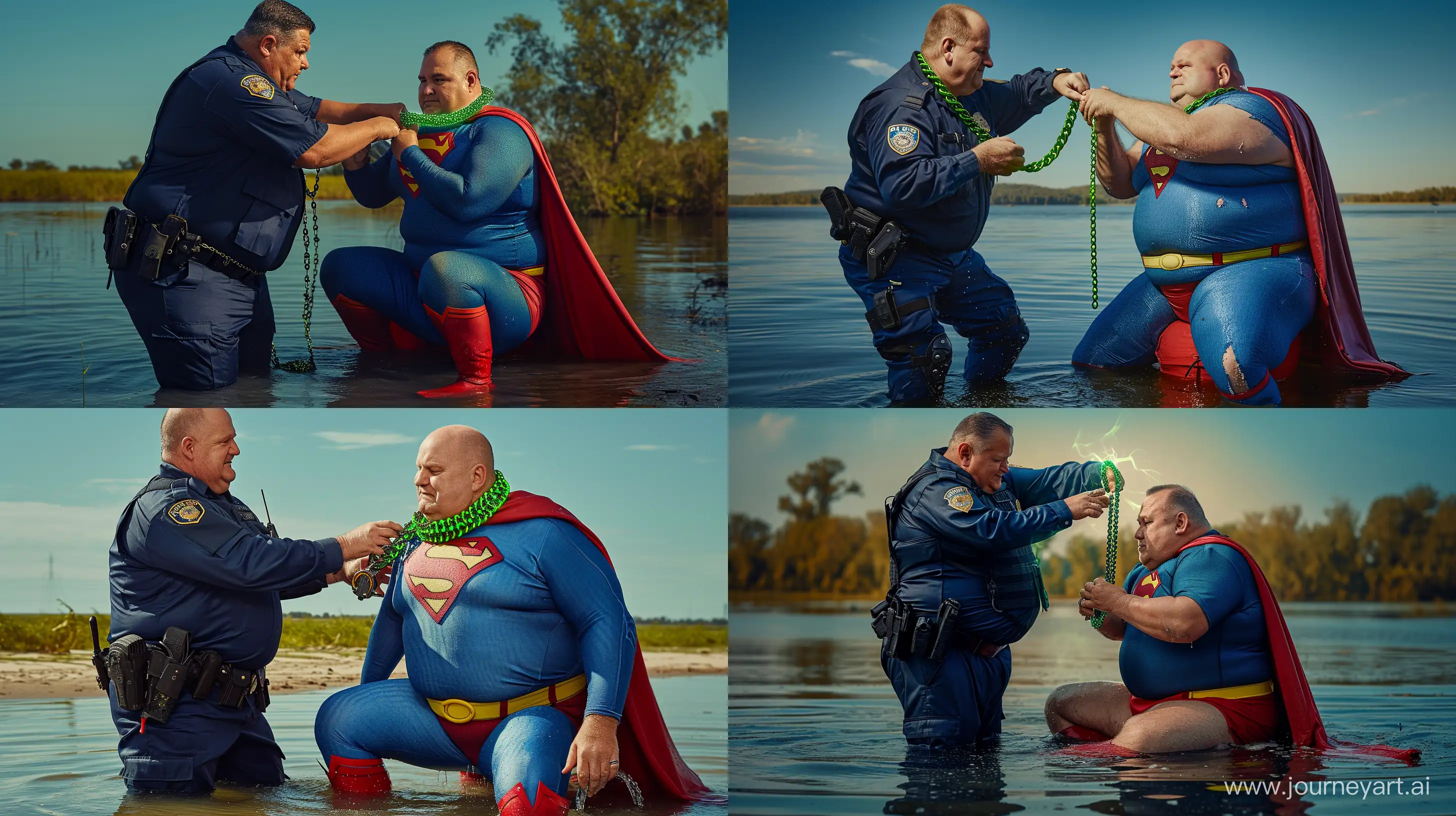 Photo of a chubby man aged 70. Wearing a navy silky blue tactical police jumpsuit. He is tightening a green necklace around the neck of another man. The other man is a chubby man aged 70 dressed in a clean silky blue superman costume with a big red cape, red boots, blue shirt, blue pants, yellow belt and red trunks sitting in the water, and has a heavy glowing green chain collar around his neck. Outside. --style raw --ar 16:9 --v 6