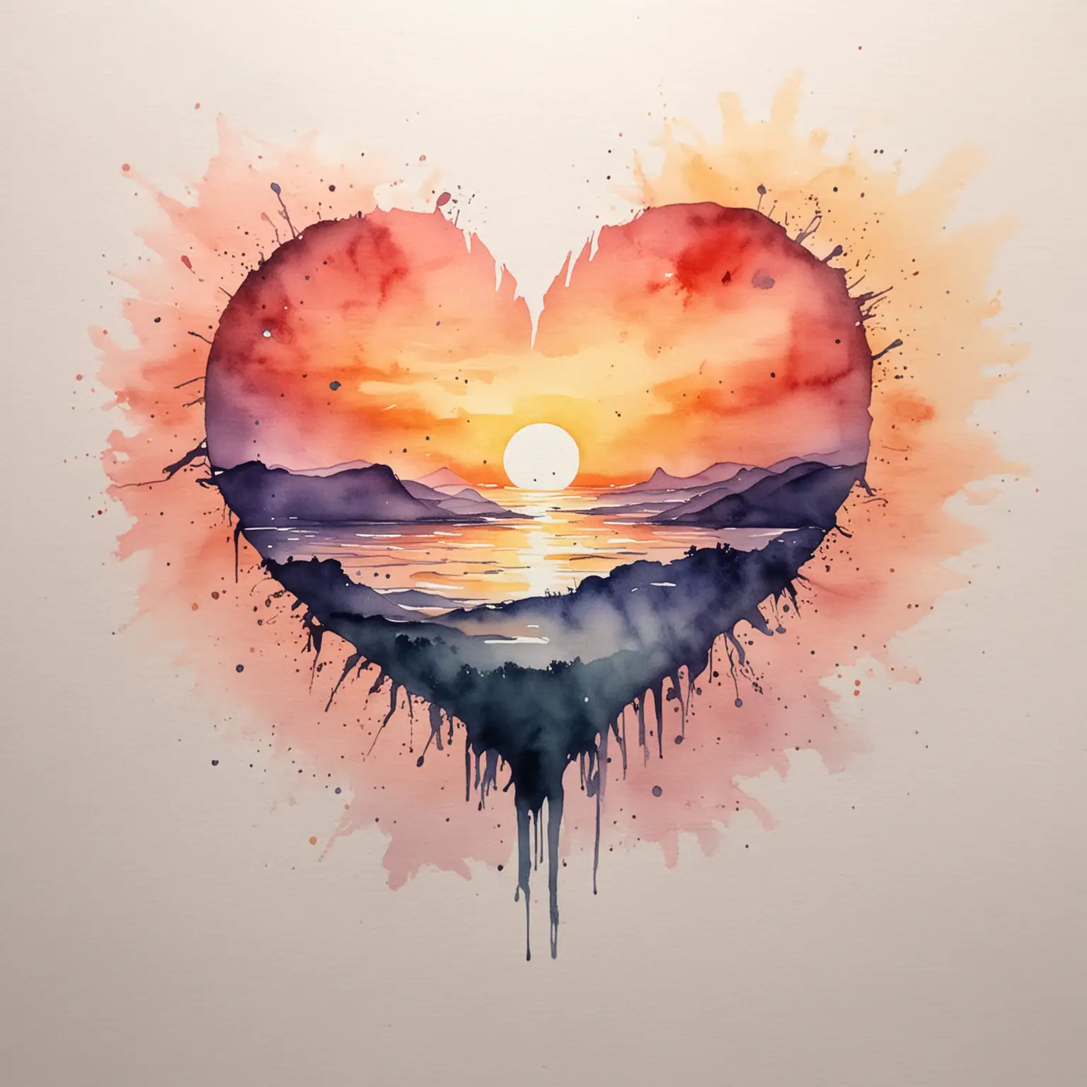 Ett brustet hjärta med en soluppgång bakom med vattenfärg 