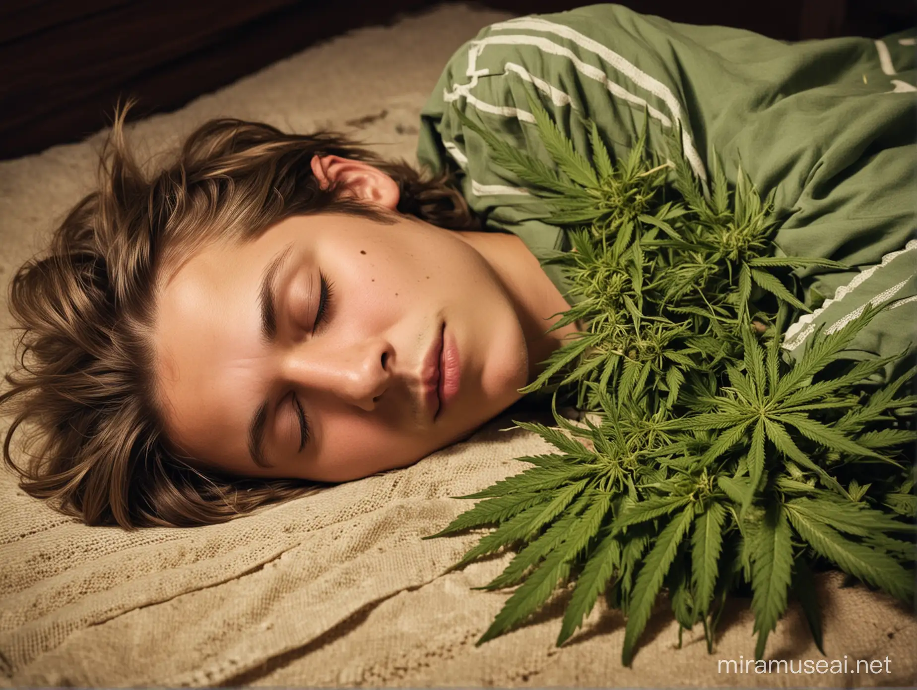 Peaceful Drunken Slumber Sleeping Boy Surrounded by Cannabis