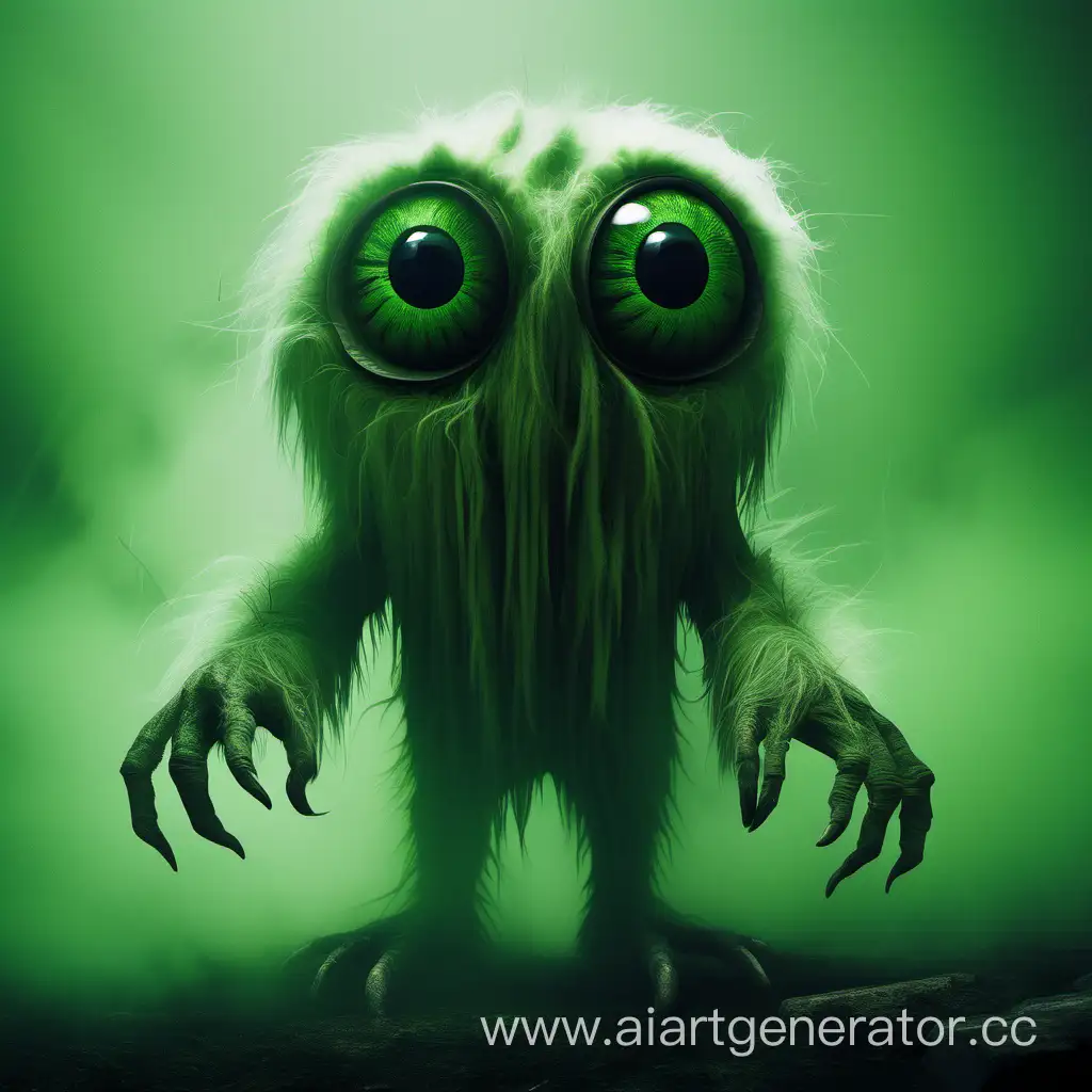 Необычный зверёк с большими глазами, длинными руками и шерстью. похожий на пень, окутанный зелёным туманом