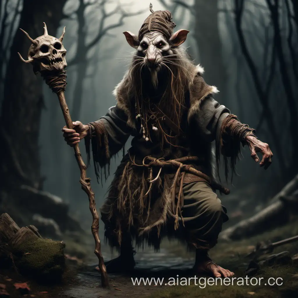 Ratling shaman, with a wooden gnarled staff, ratfolk, medieval fantasy