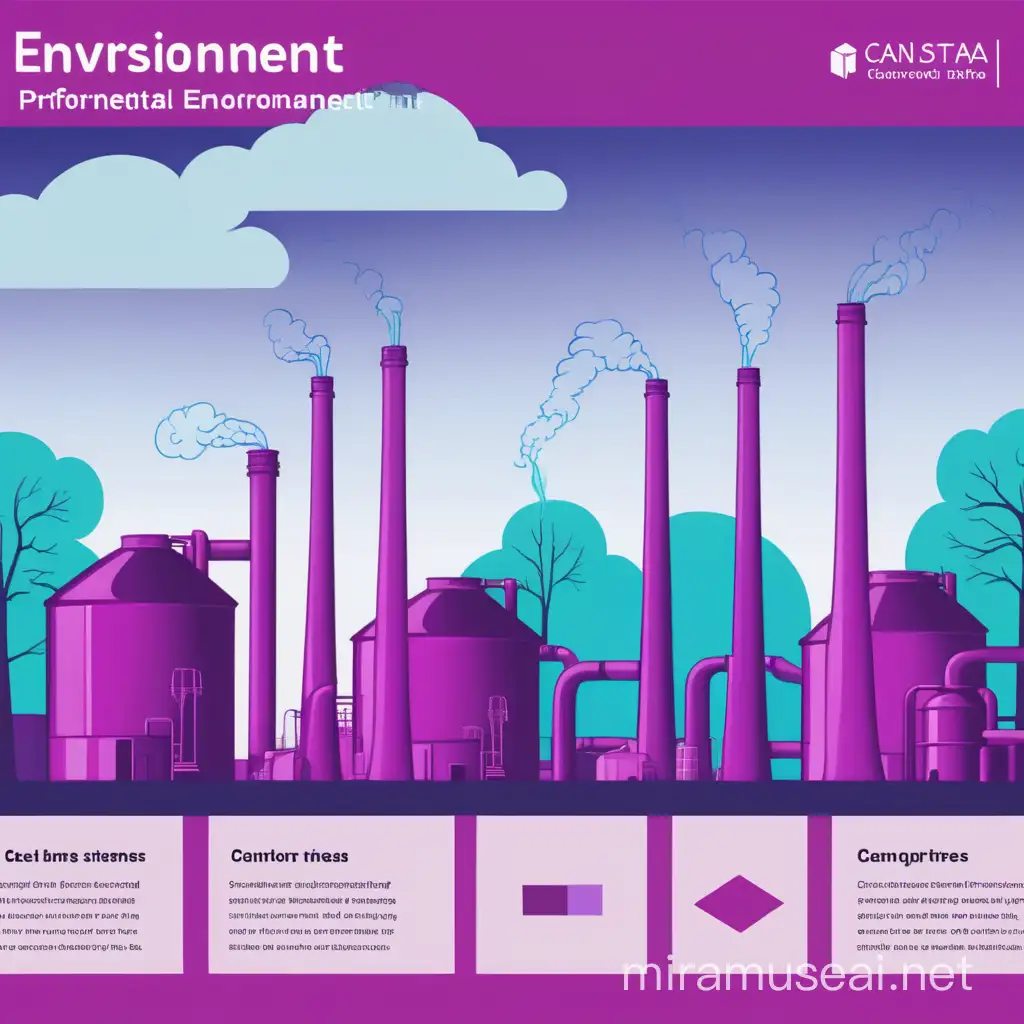 Professional but simple environmental cartoon for an ESG business Powerpoint - maybe a picture of factories and trees. Use the colors magenta, medium purple, medium blue, dark blue, light blue, dark purple, and teal.