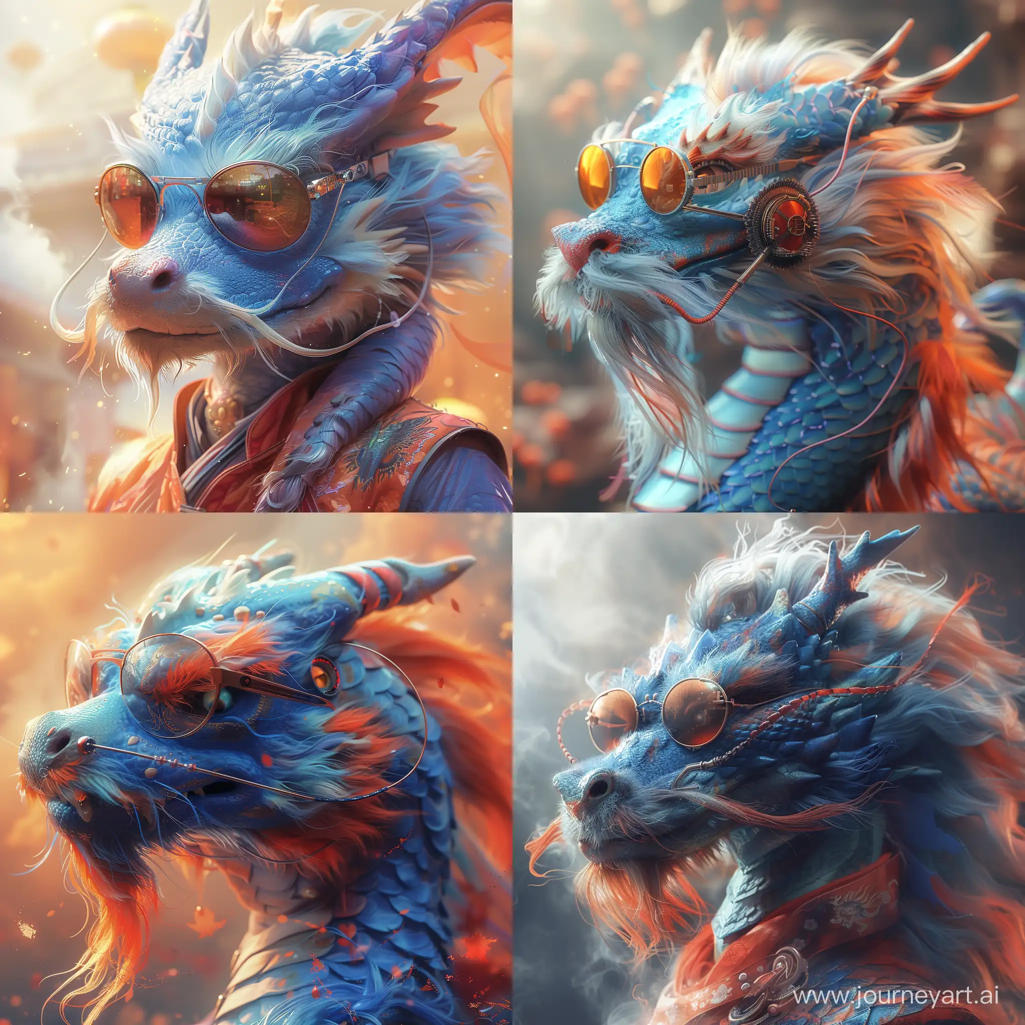 a blue dragon with sunglasses, , light orange and red, 32k uhd, chinapunk, meticulous design, detailed costumes --stylize 750 --v 6