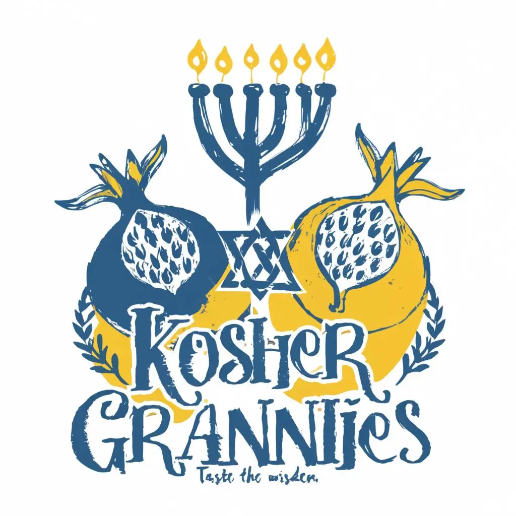 logo, Israel, yellow, blue, white, Menorah, Paul Klee, pomegranate, star of David, very simple and clean, Jerusalem, with the text 'Kosher Grannies' and slogan 'Taste the wisdom', logo vibe, typography, be used in the automotive industry