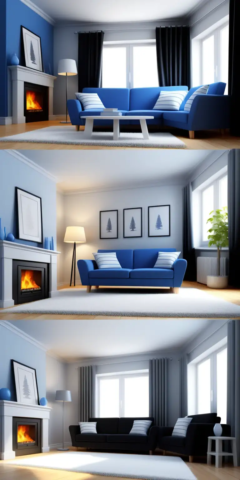 Cozy Home 3D Render with Blue Sofa and Black Curtains