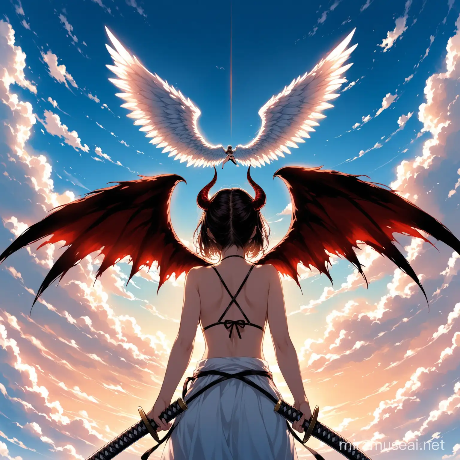 girl with angel wings on her back, sky background with clouds below, holding a katana on her waist, in the background a girl with demon wings