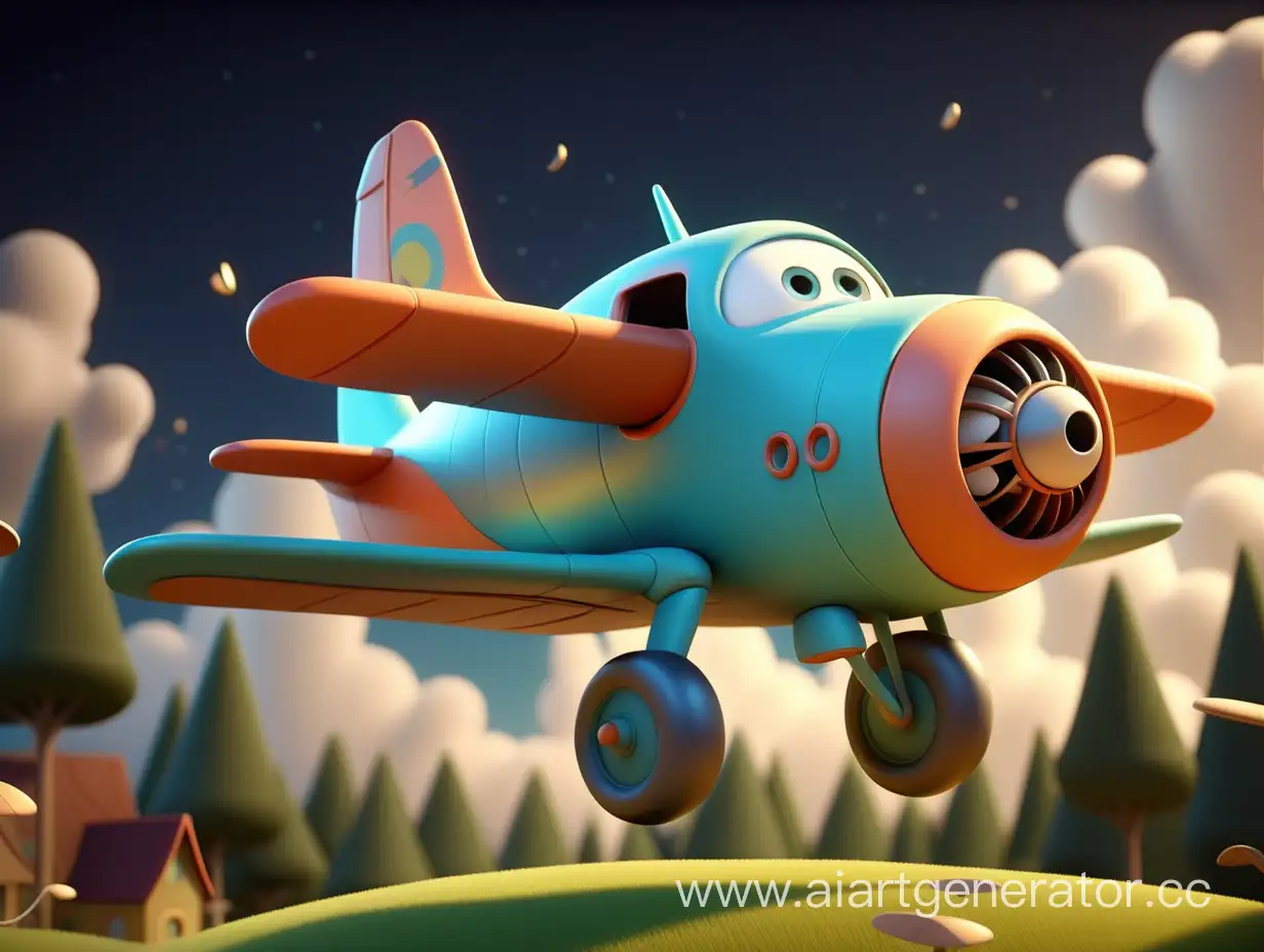 Персонаж детского мультфильма - волшебный самолетик с глазами  c атмосферой в стиле Pixar в  стране детства, объемным освещением, 4k, фотореалистичный.