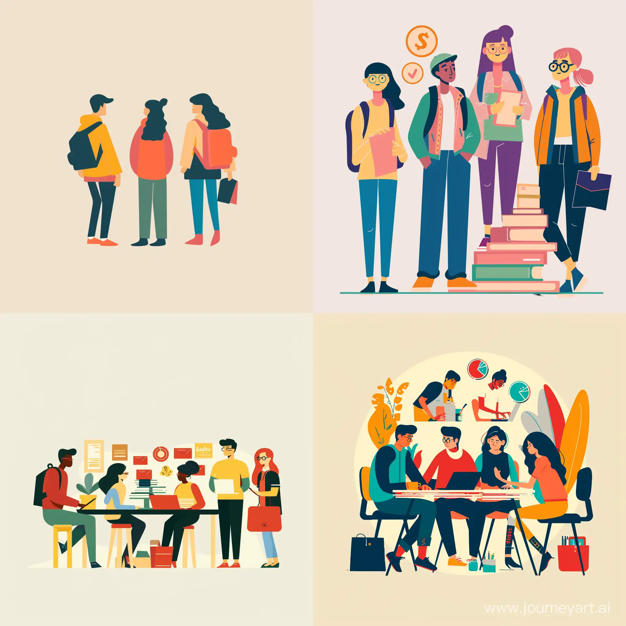 illustration a minimal graphic image "Students who are earning money with part-time work" with a plain color background


