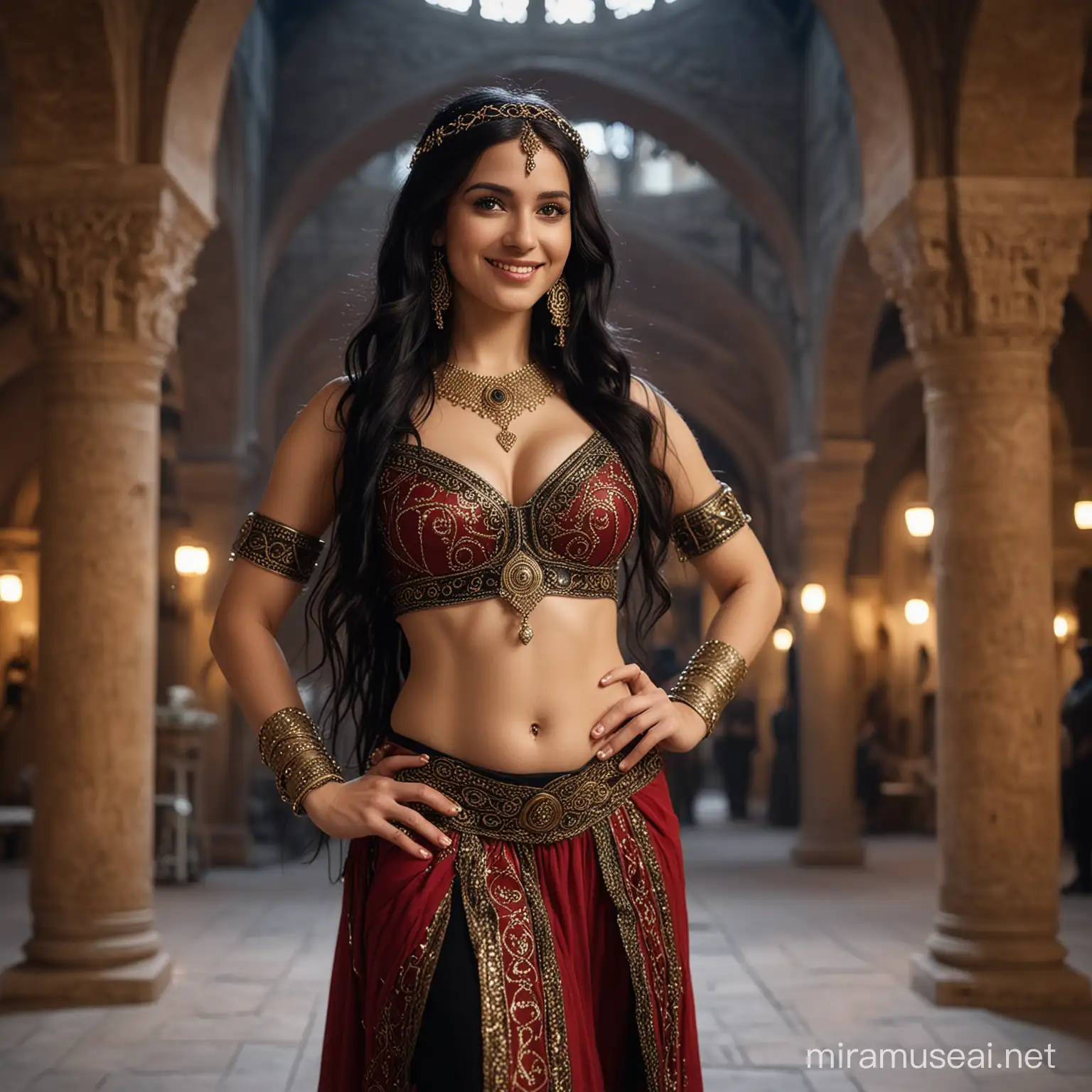 A good-looking female elf in the style of LOTR with long black hair in a medieval Arabic noble belly dance costume stands in a large Roman domed hall and smiles. The scene takes place at night. Sigma 85mm F/1.4