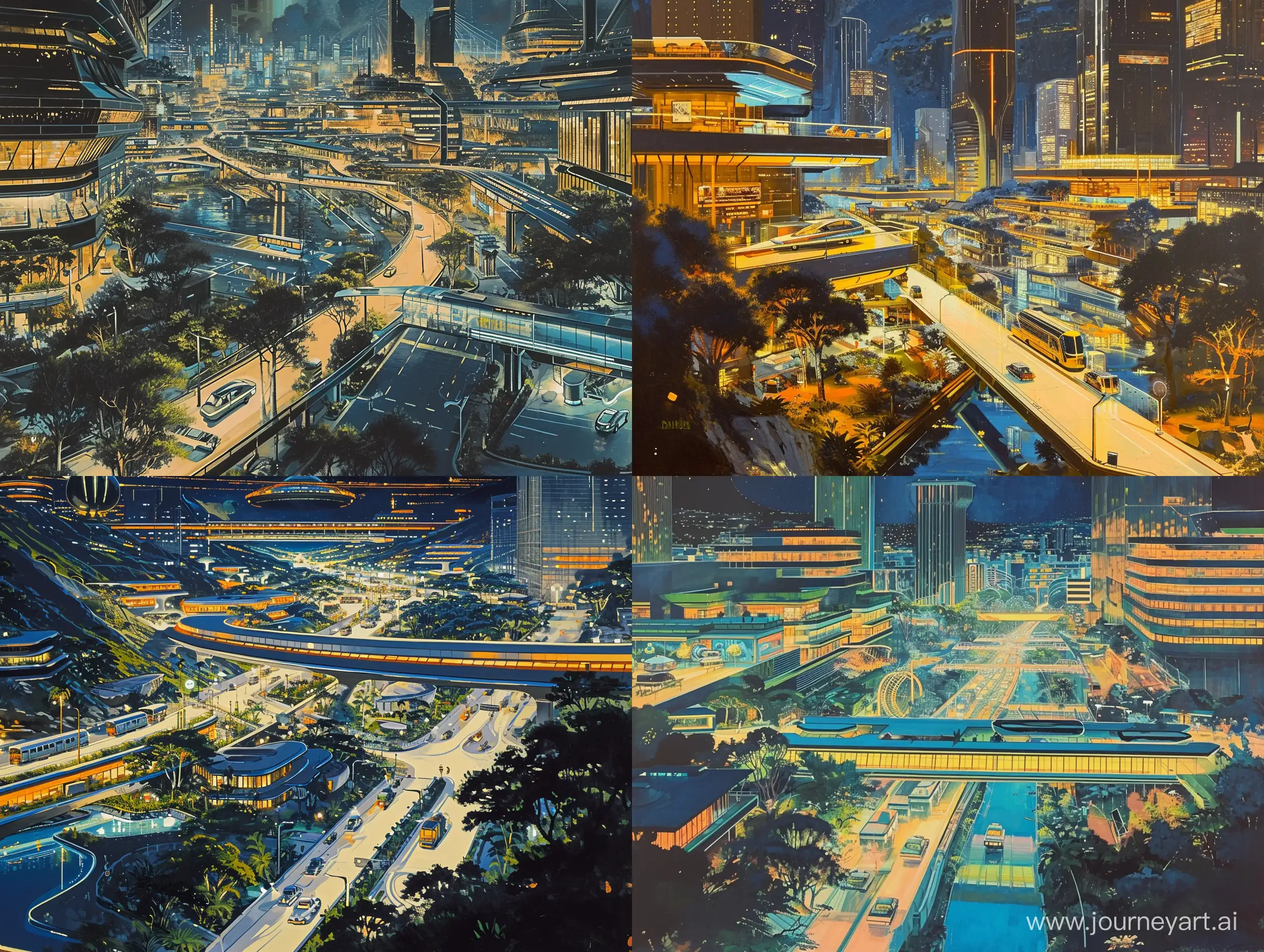 "Imagine an expansive airbrush painting that immerses the viewer in the heart of a bustling yet serene retro-futuristic cityscape at night. The setting is a harmonious blend of 1970s retro sci-fi charm and cutting-edge modern architecture. The city is alive with the glow of neon lights and the hum of advanced technology, yet there's a relaxing ambiance that permeates the urban environment. Streets are wide and open, flanked by buildings that showcase the sleek lines and optimistic design ethos of the '70s, now infused with the sophistication of modern sustainable technologies. Public transportation is a marvel of the era, with vehicles that echo the vintage aesthetics of science fiction yet operate with silent, eco-friendly efficiency. The naturalism of the city's ecosystem is evident in its integration of vibrant plant life and water features that coexist with the urban landscape. Every detail contributes to the sense of a living, breathing metropolis that honors its retro roots while embracing an eco-conscious future."




