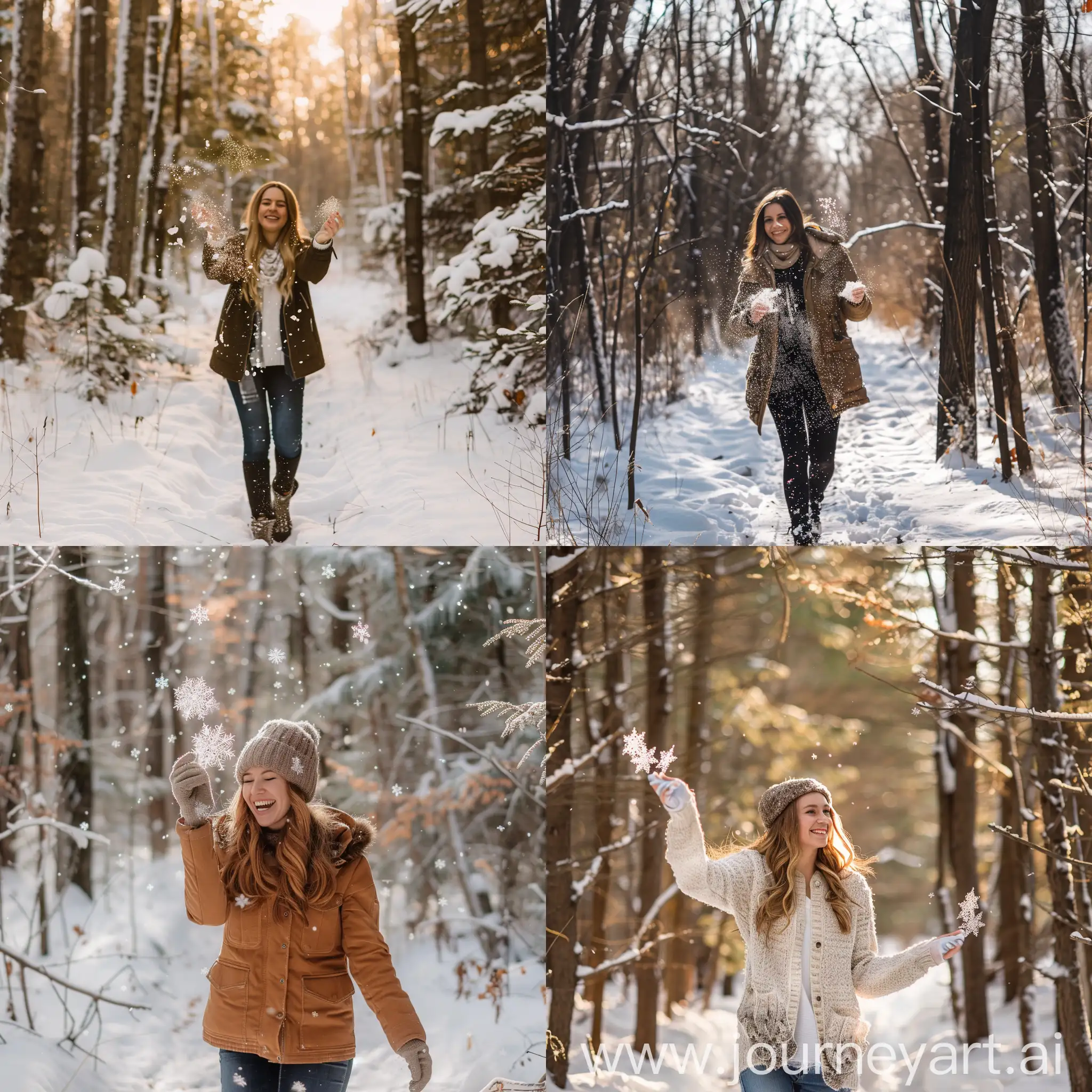 woman walking through snowy forest. catching snowflakes.  smiling