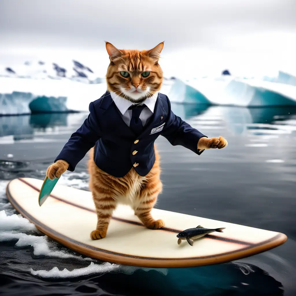 a well-dressed cat doing surfboard on a fish in Antarctica