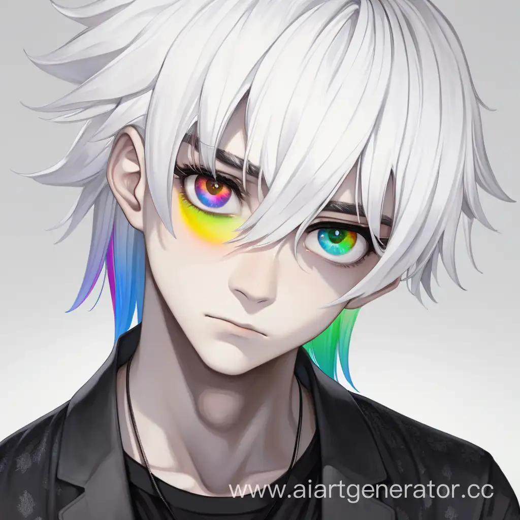 Boy, rainbow eyes, white hair, black shirt