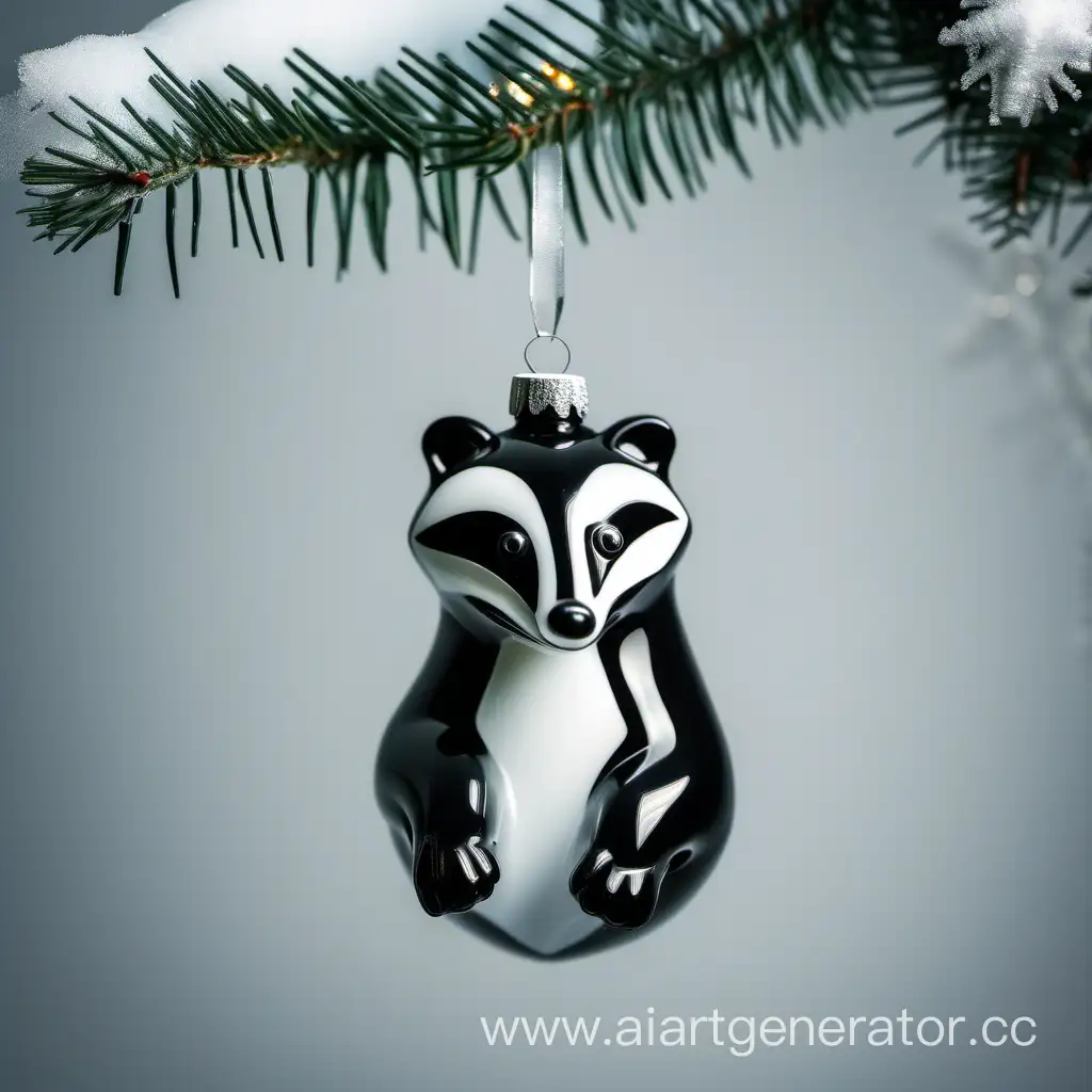 Christmas tree toy made of glass in the form of a badger, hanging on the tree in close-up