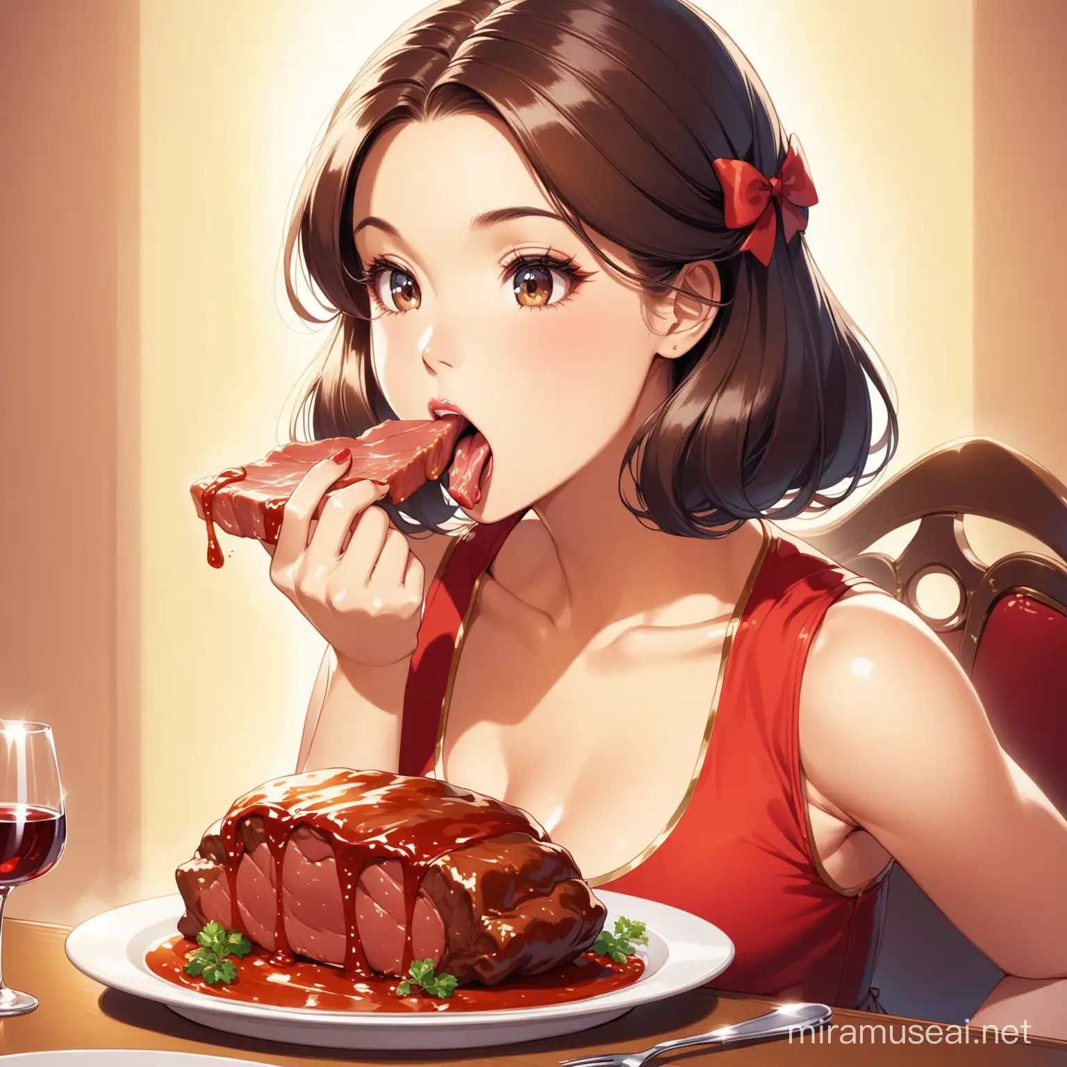 A classic lady eating meat