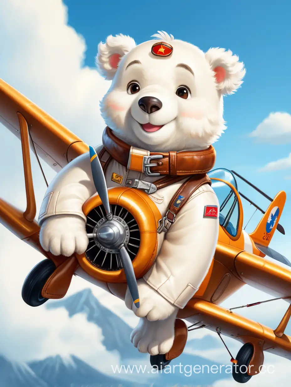 Маленький улыбчивый Милый белый мишка в костюме пилота стоит на крыле самолета ЯК-52