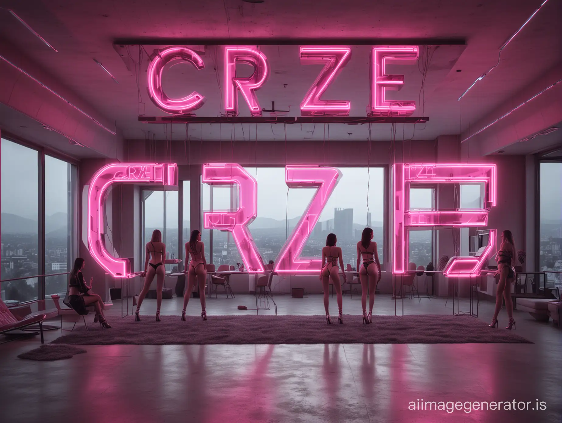 Futuristic-Ultra-Modern-Penthouse-with-Neon-CRZZE-Sign-and-Dystopian-View