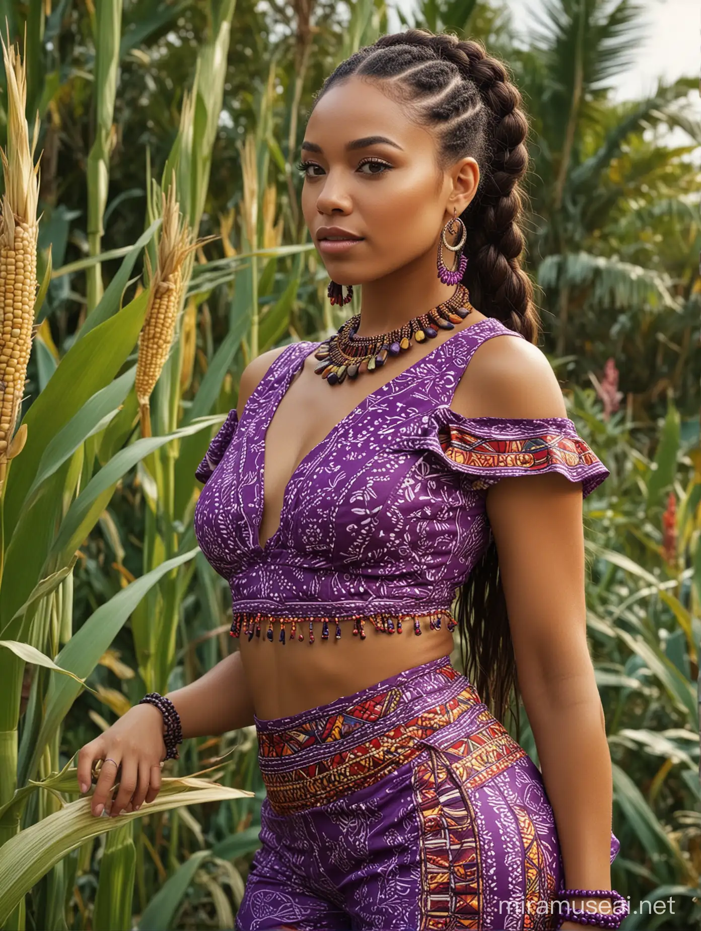 full HD hyper realistic illustration of a beautiful carribean light skin mixed race lady, dressed in a purple native two piece ankara wrapper, with a native corn row plaited hair, wearing a native make up on her face,with red native beads on her neck, wrists and ankles. carribean garden background. candid celebrity shots, uhd image, natural beauty --ar 69:128 --s 750 --v 5. 2
