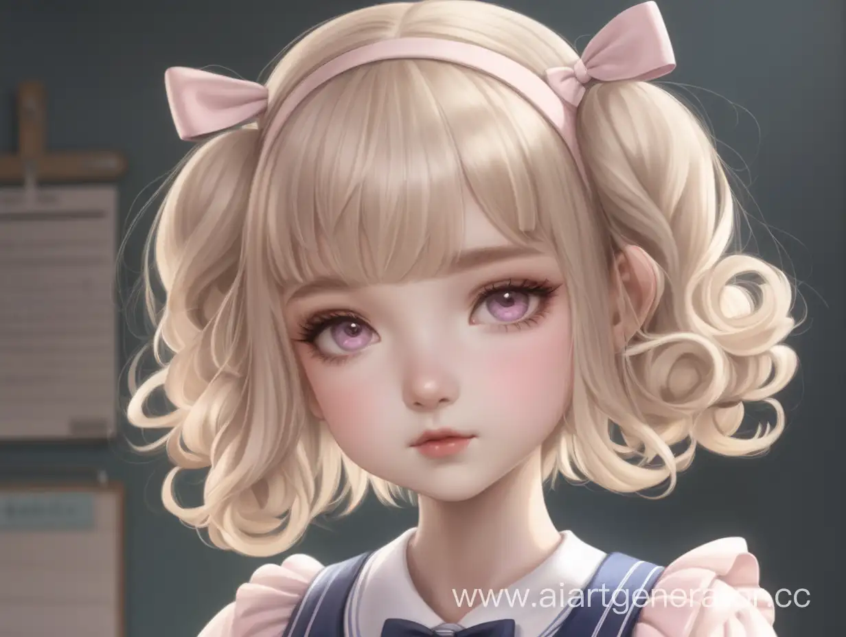 She has a beautiful and attractive appearance. Round face shape and small nose. Pale pink (almost transparent), slightly sad eyes, plump lips and a slight blush. Silky short pale blonde hair with bangs, the hair is tied into two small buns at the bottom of the head. On the head there is a headband with bows and ruffles. Thin fingers. Also the most classic school uniform, like the other students, she has loose socks on her feet. In general, she looked like those same porcelain dolls in fluffy dresses, and in life she dresses the same way