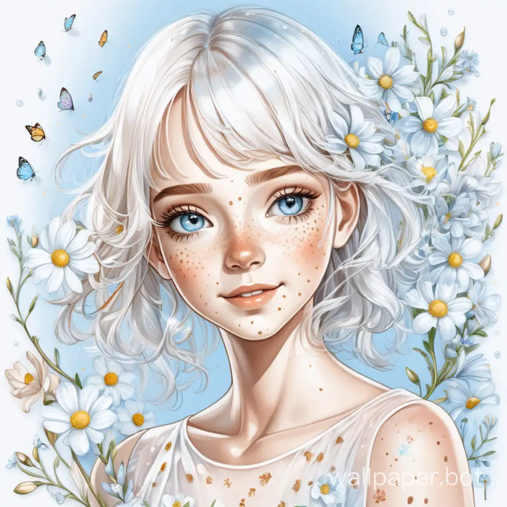 art illustration light transparent contour graphics. Spring girl, freckles on the nose. Full height on a white background, transparent developing dress, sprinkled with flowers. Reflective blue eyes, white hair, perfect caramel skin, light makeup, gentle smile, dimples on the cheeks. Clarity, sharpness. High quality.