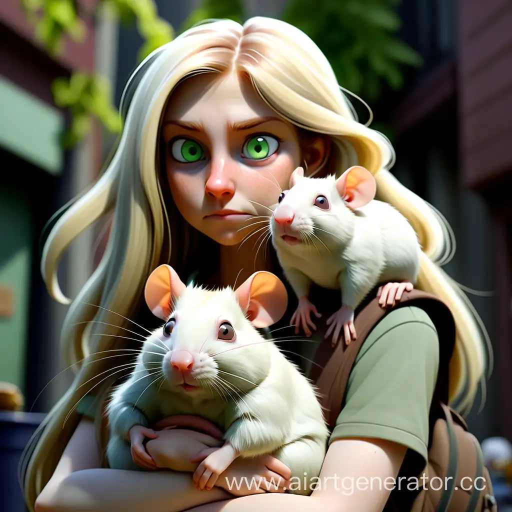 девушка с длинными русыми волосами, зелеными глазами, у нее на плече сидит коричневая крыса с белым животом, на втором плече сидит толстая белая крыса