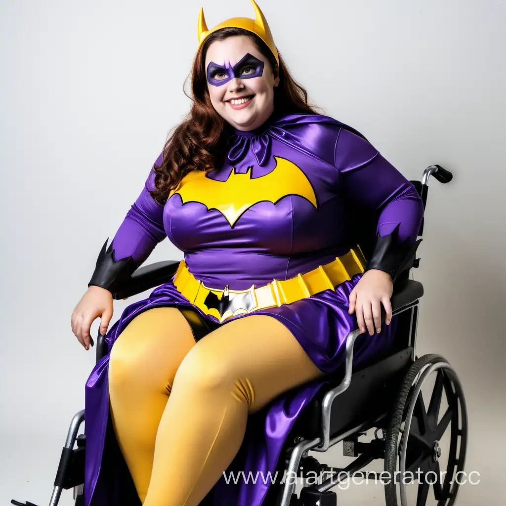 A full body picture of a plus sized smiling Caucasian brunette woman wearing a purple and yellow batgirl costume sitting in a black wheelchair. 
