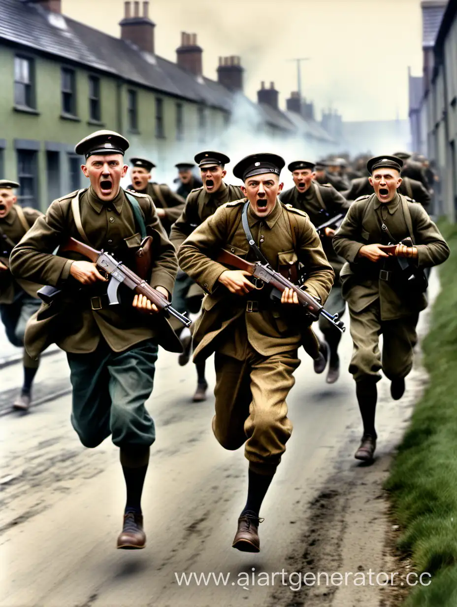 British forces Black and tans running running away from IRA soldiers with riffles (1921, Color)