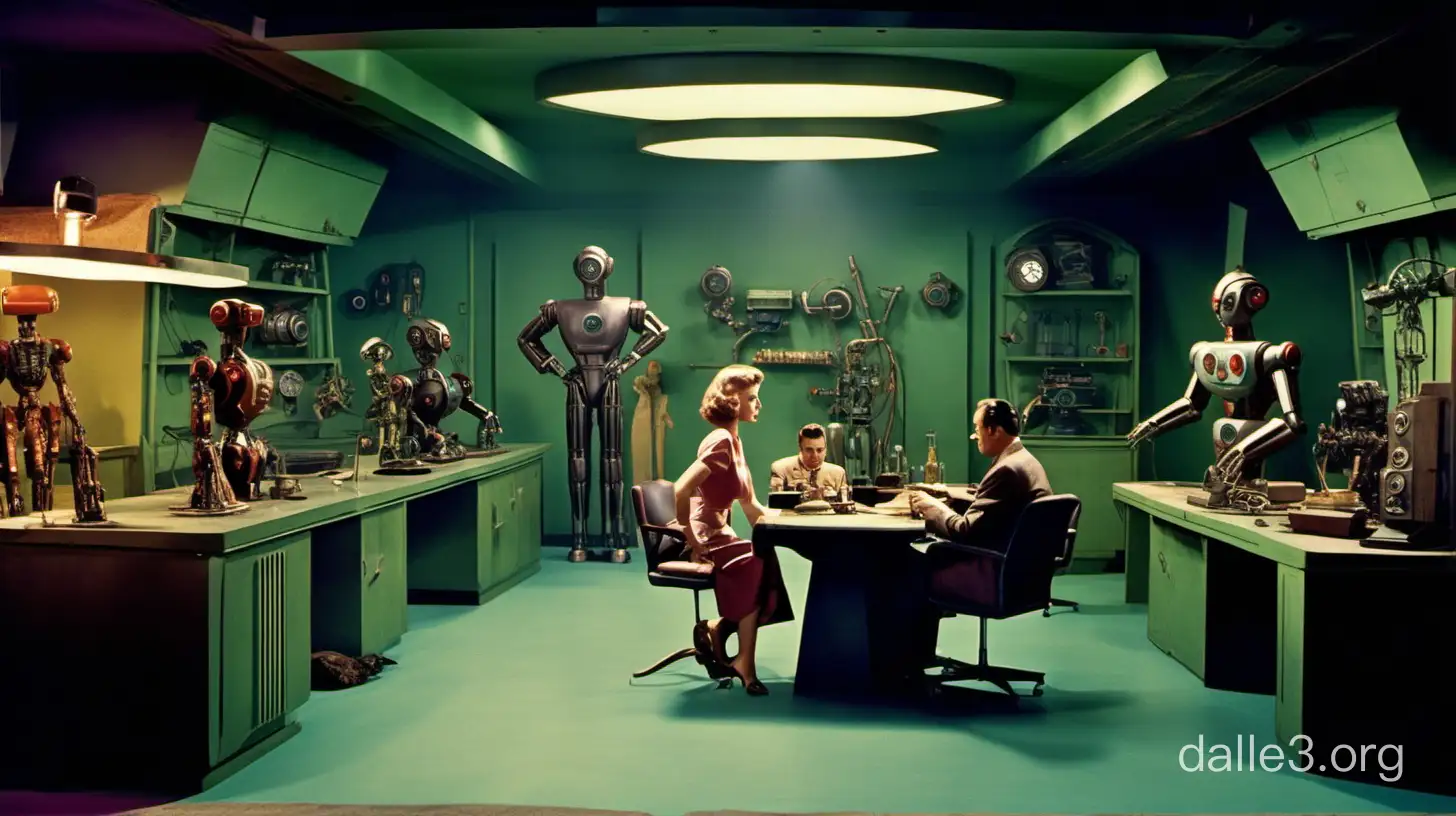 ((Full color )) scene from a 1940s spy movie set in a villain's secret lair interior, exotic location, 1940s futuristic robots