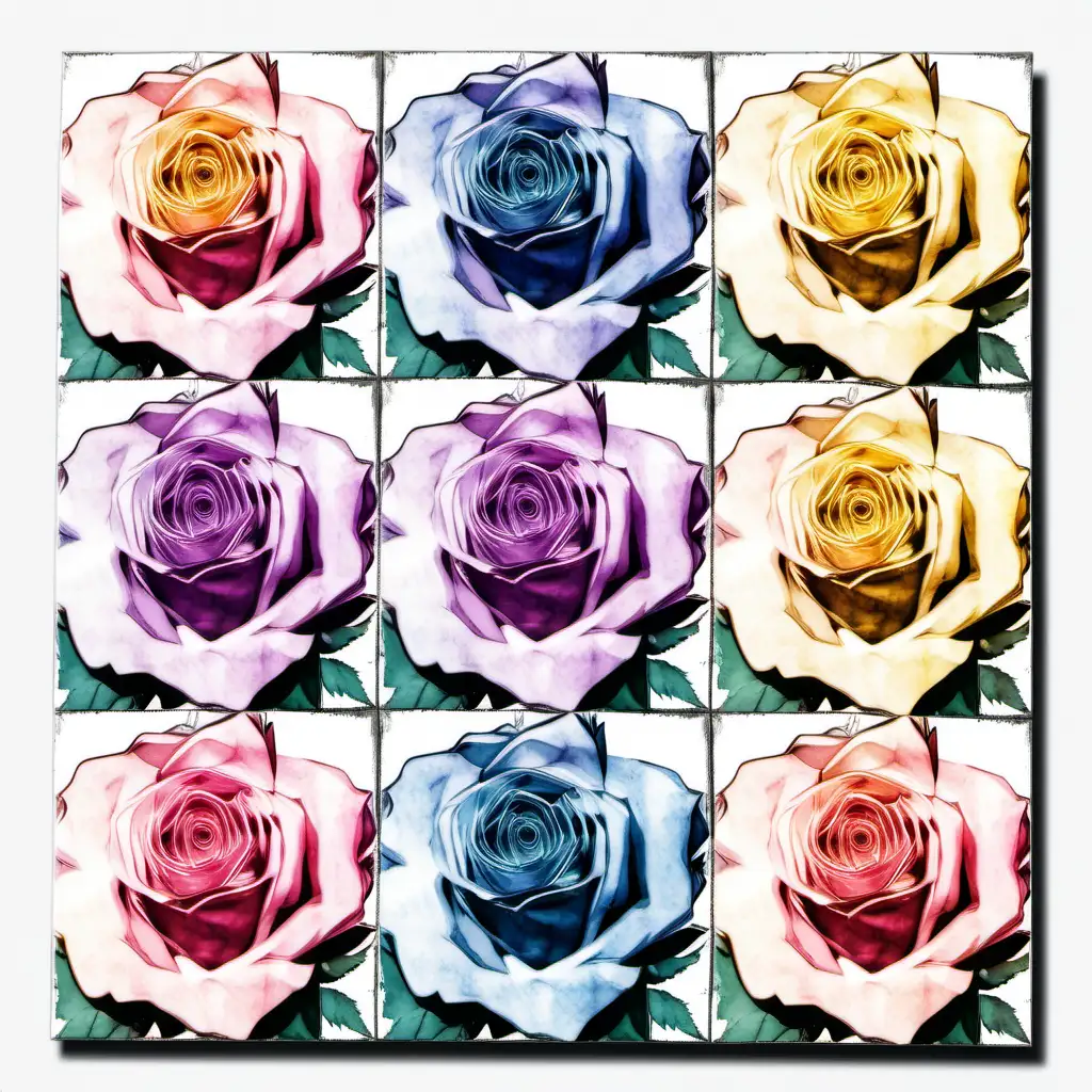 Pastel Watercolor Rose Flowers Clipart in Andy Warhol Inspired Style on White Background