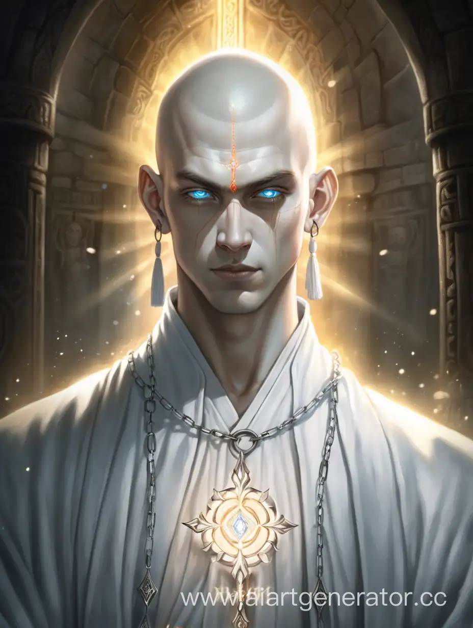 beautiful white man. human. dungeon dungeon. white monk. portrait. Holy aura. Sparkling full blind white light eyes


