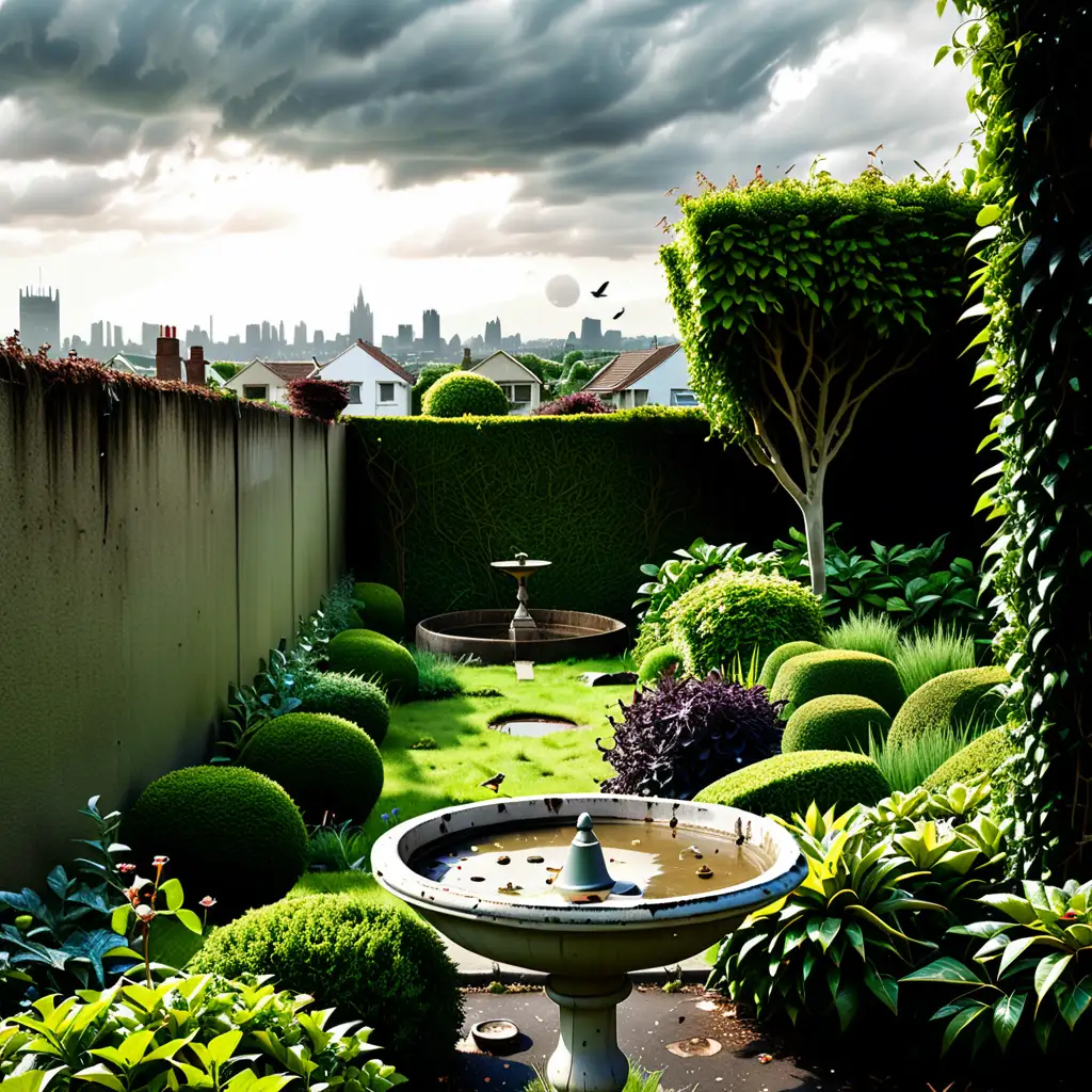 Tranquil Suburban Garden with Birdbath Against Apocalyptic Cityscape