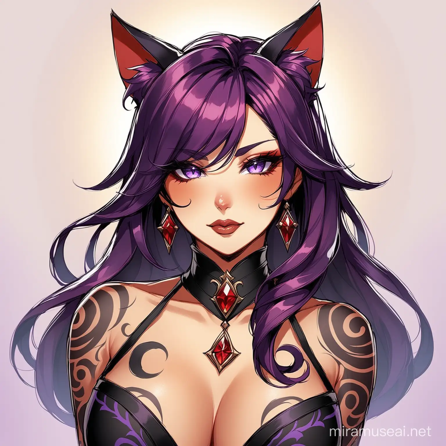 draw a character you'd see in genshin impact with red cat ears, long red and purple hair, mature, black swirl tattoos on skin, sultry