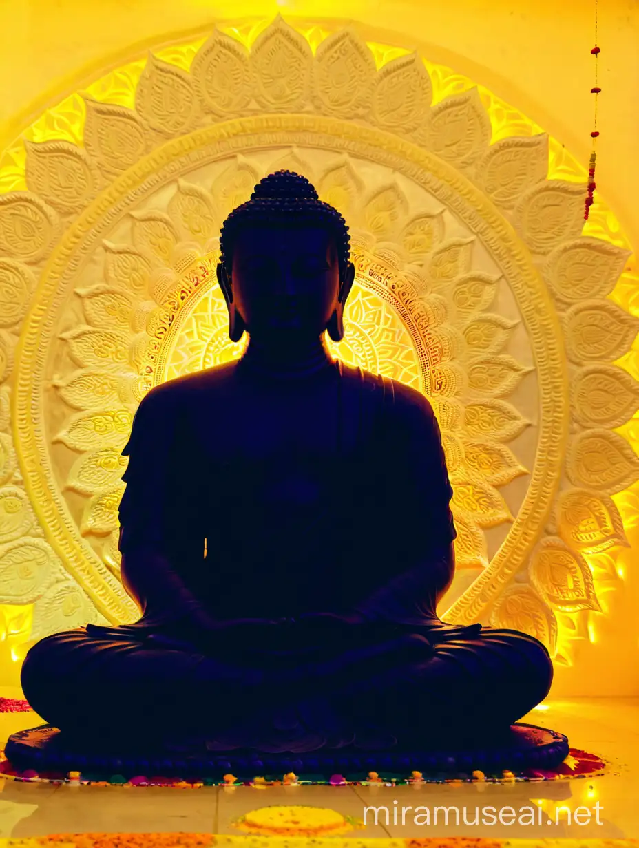 Gauttam Buddha statue sitting and and rangoli at background as shown in picture 