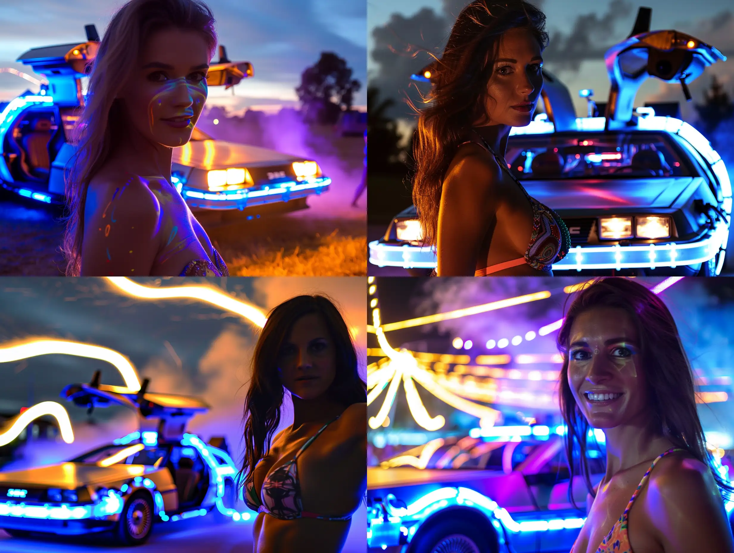 Back to the Future Delorean in background lit up with neon, fire trails, blue lightning, smokey, futuristic, artistic with attractive lit up woman in bikini close to camera 