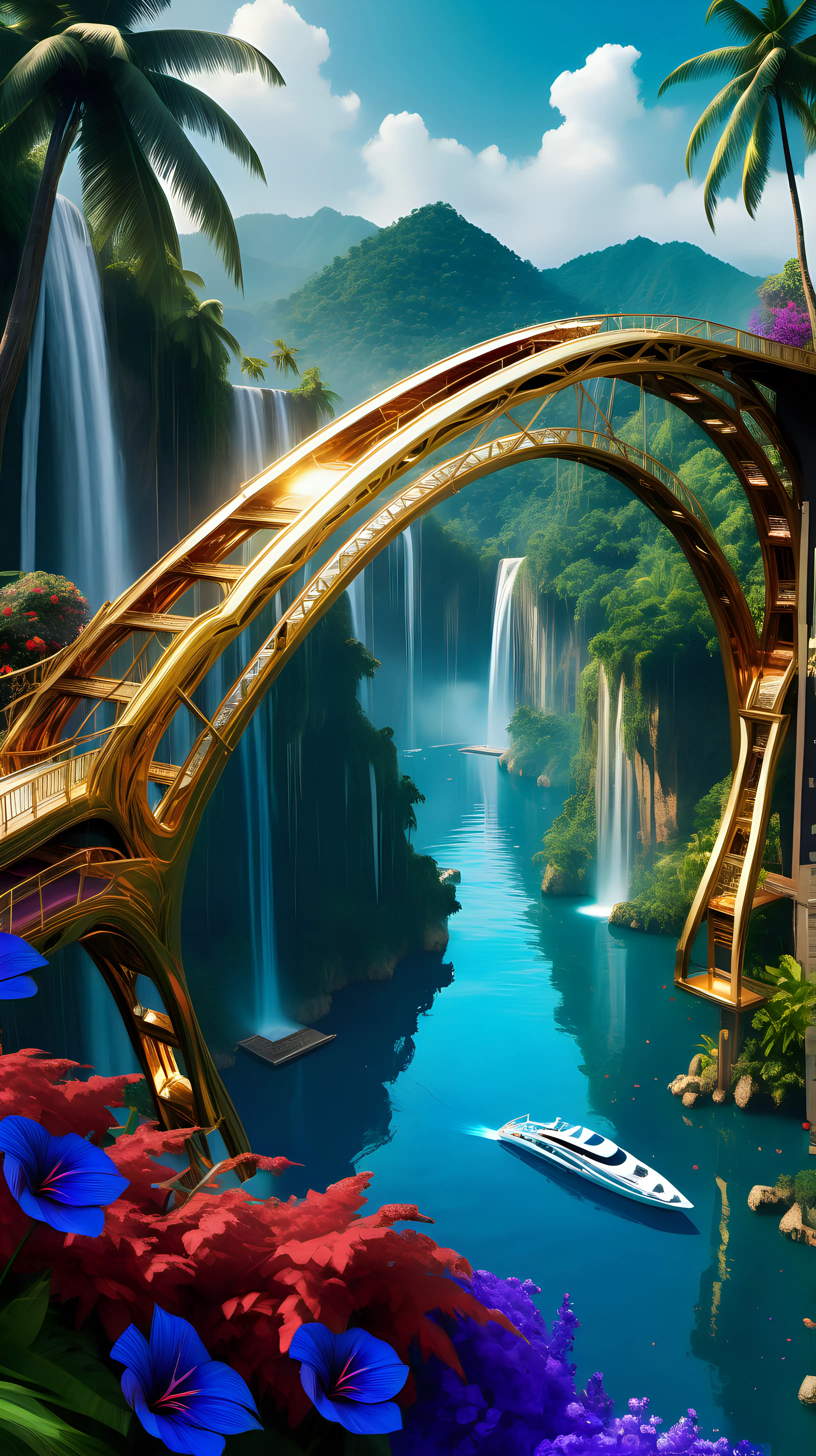 Futuristic Golden Bridge Over Cascading River with Vibrant Flora and Yacht