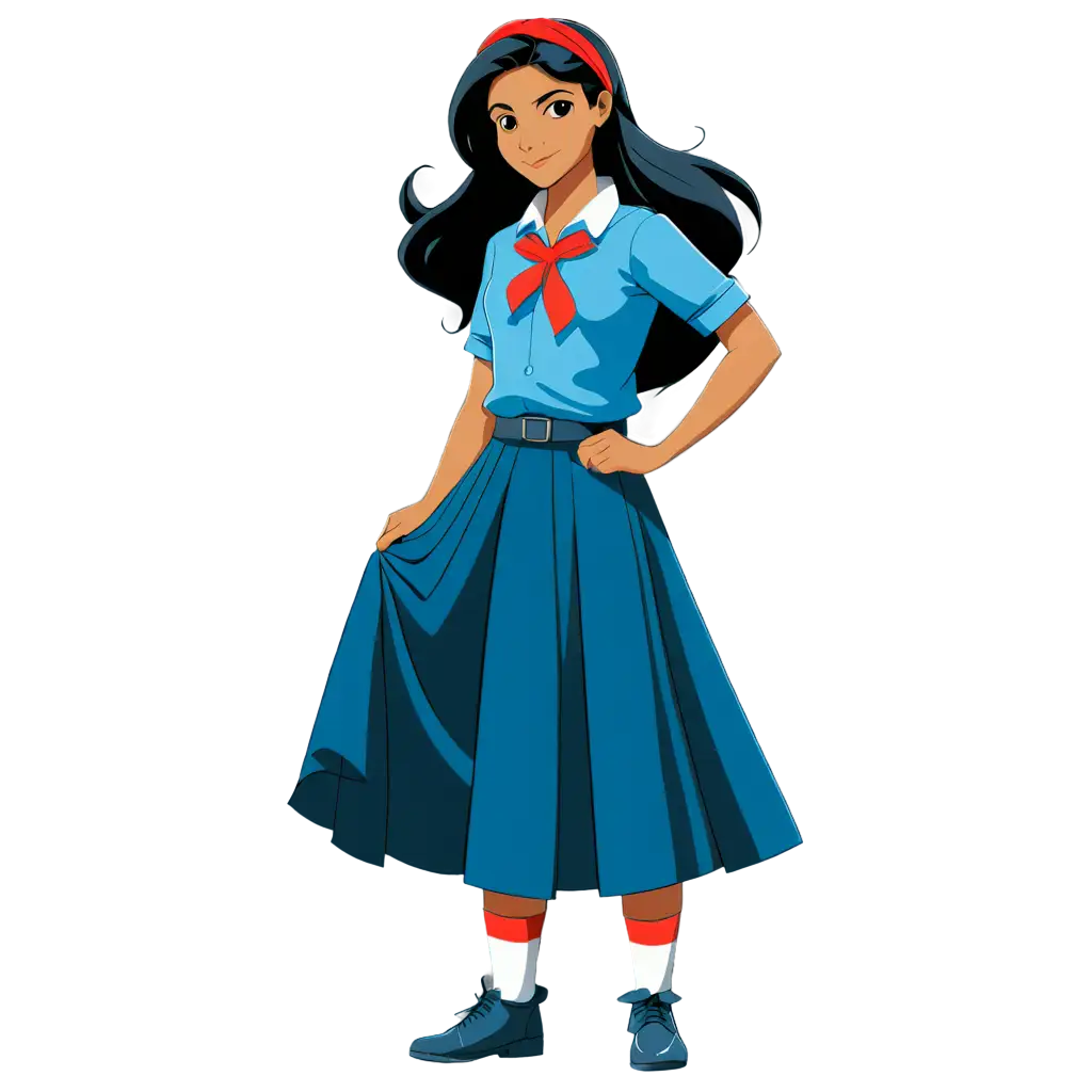 Indian-School-Girl-in-Blue-Shirt-and-Dark-Blue-Skirt-PNG-Authentic-2D-Vector-Artwork