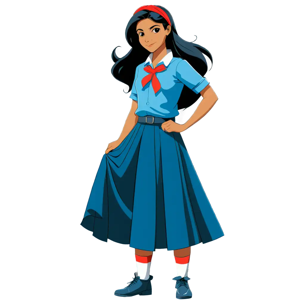 2d vector art, Simple an Indian School b Girl  in a Blue shirt and dark blue long skirt, black hair with red hair ribbon