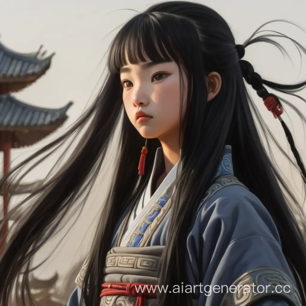 Девушка 
подросток чёрные длинные волосы воин китай