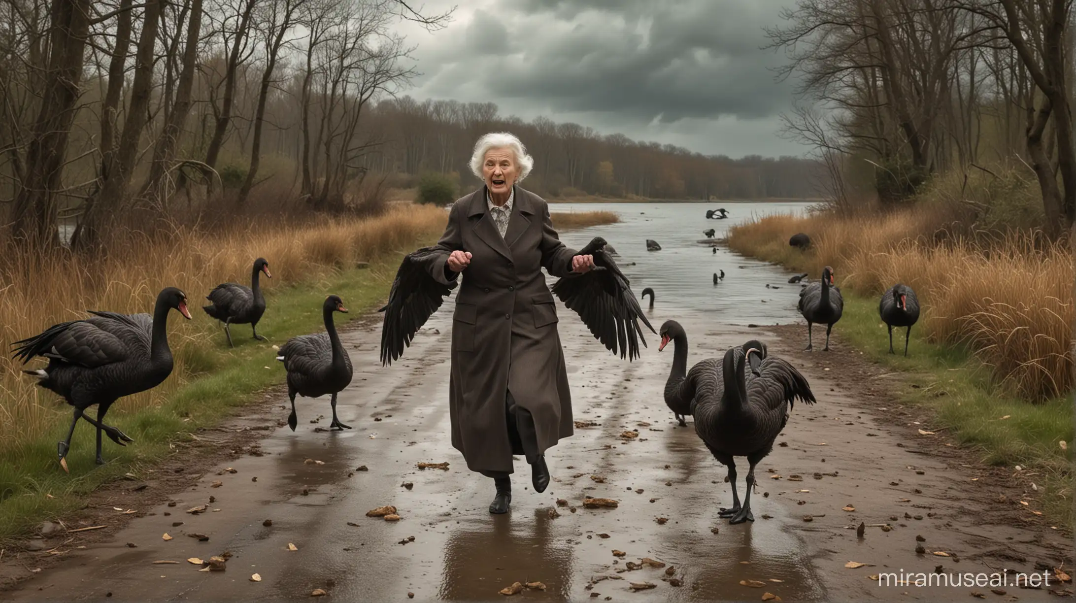 A terrified old lady being chased by ferocious black swans along a path beside a lake on a stormy day inthe style of Walter Molino