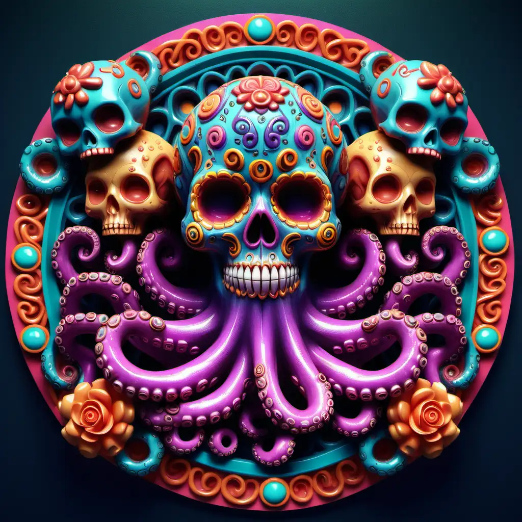 Colorful 3D Evil Candy Skull with Octopus Mandala Art