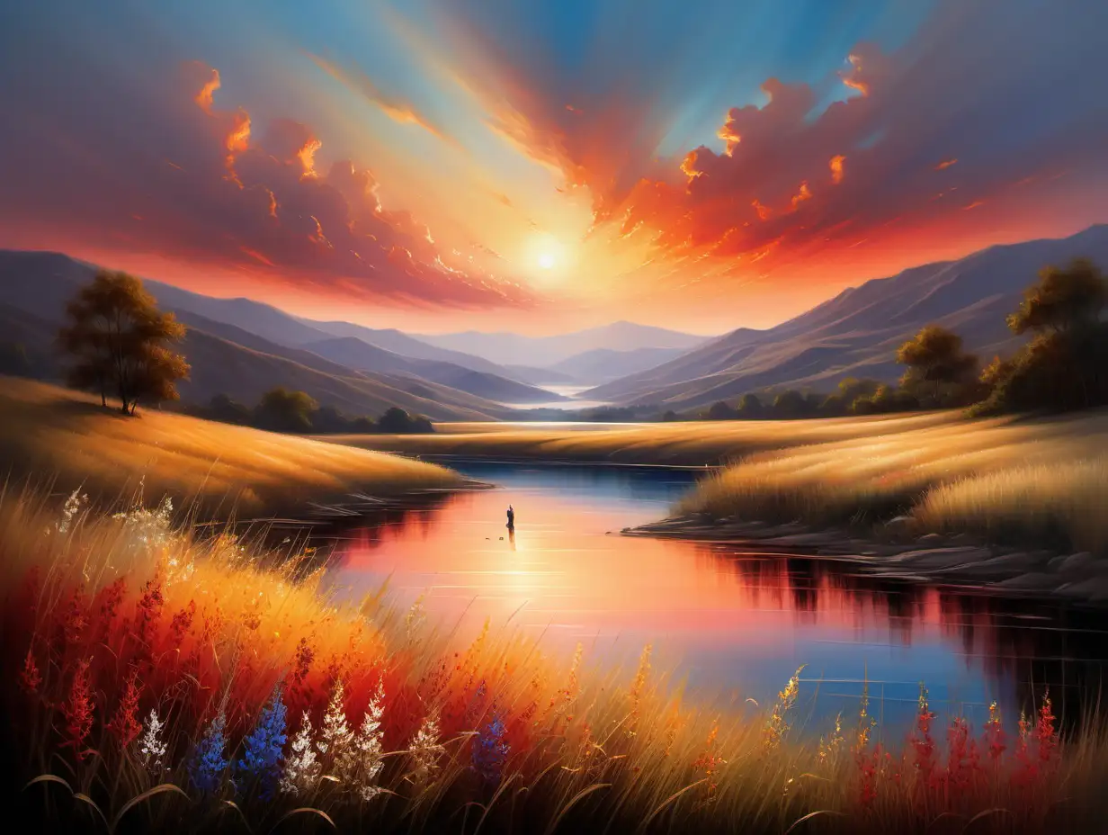 Majestic Sunset Landscape with Tranquil Lake and Wildflowers