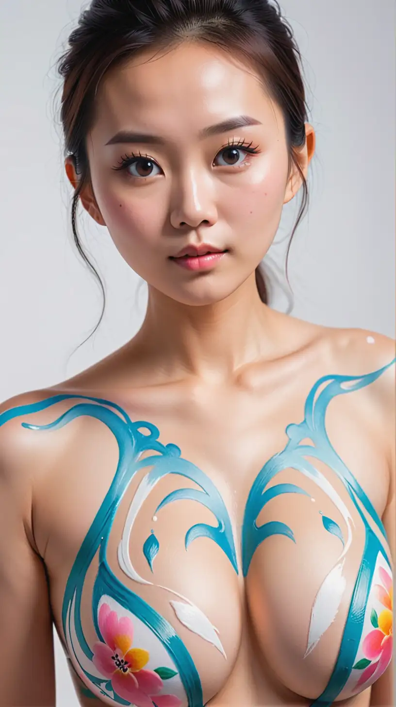 Pretty 27 year old Chinese woman at a photo shoot with a white background. Body paint. 
extreme close up, cleavage

