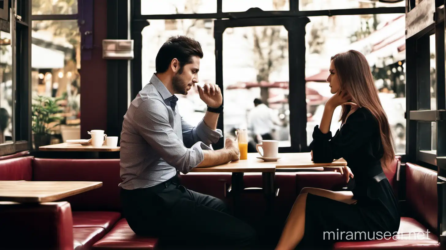 A 30 years old man wearing a shirt sitting in a cafe with a beautiful woman wearing a black dress