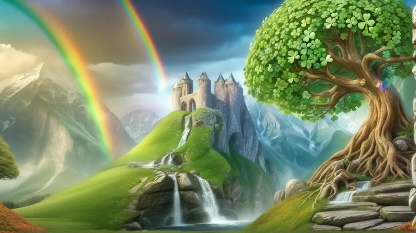 Fairytale-magical and a pot of gold coins with a rainbow and mountain cliffs. shamrocks and magical-fairytale trees