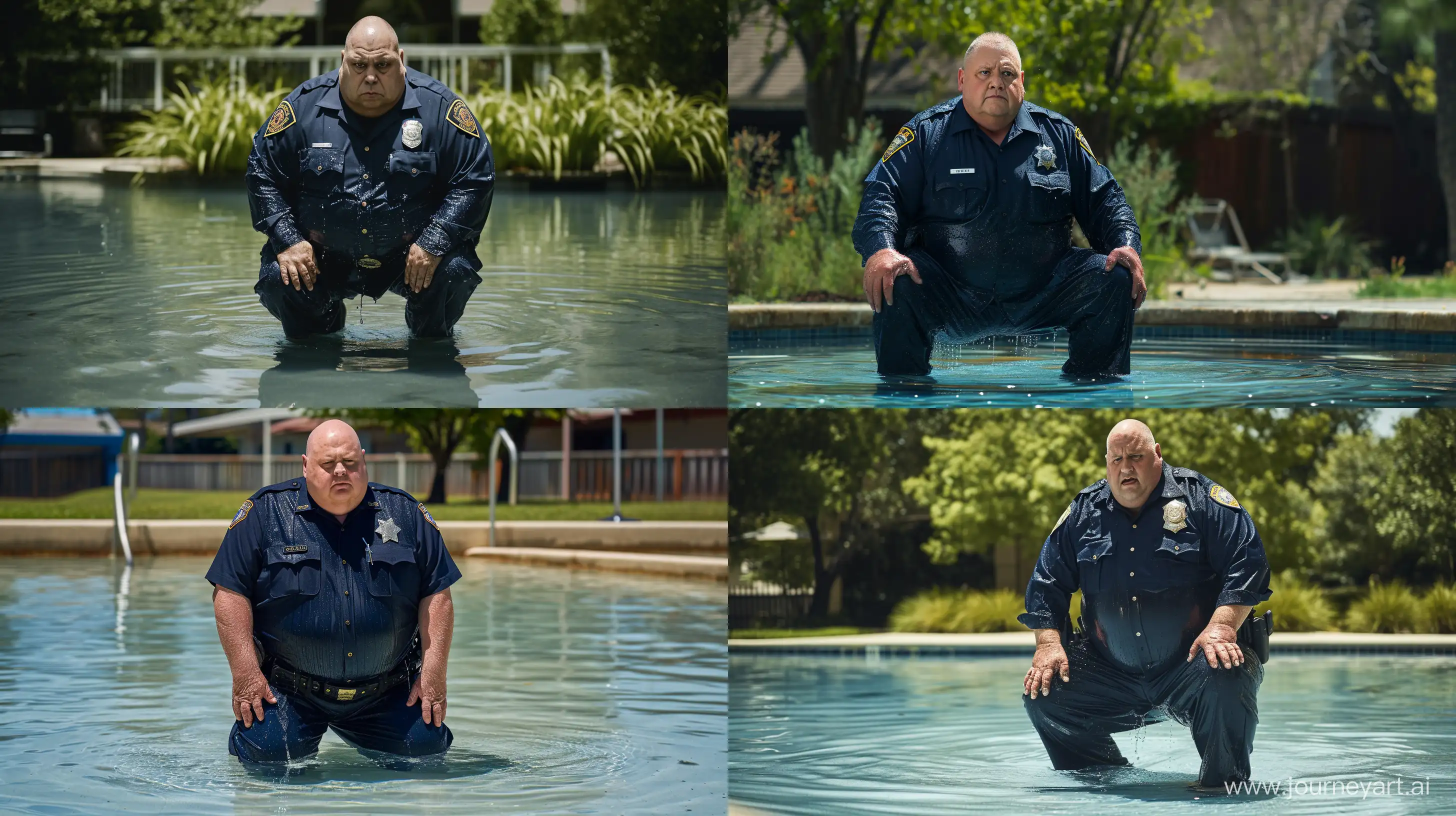 Photo of an obese man aged 70. Wearing a wet navy blue police office uniform, pants and shirt. He is kneeling in a shallow pool. Outside. High resolution. --style raw --ar 16:9 --v 6