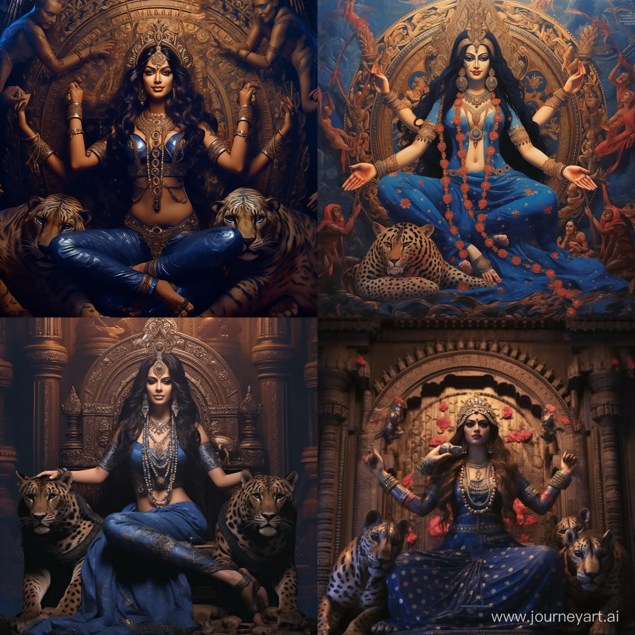 Богиня Кали, стройная женщина с голубой кожей, длинными волосами и четырьмя руками, одета в шкуру леопарда. художественный арт.