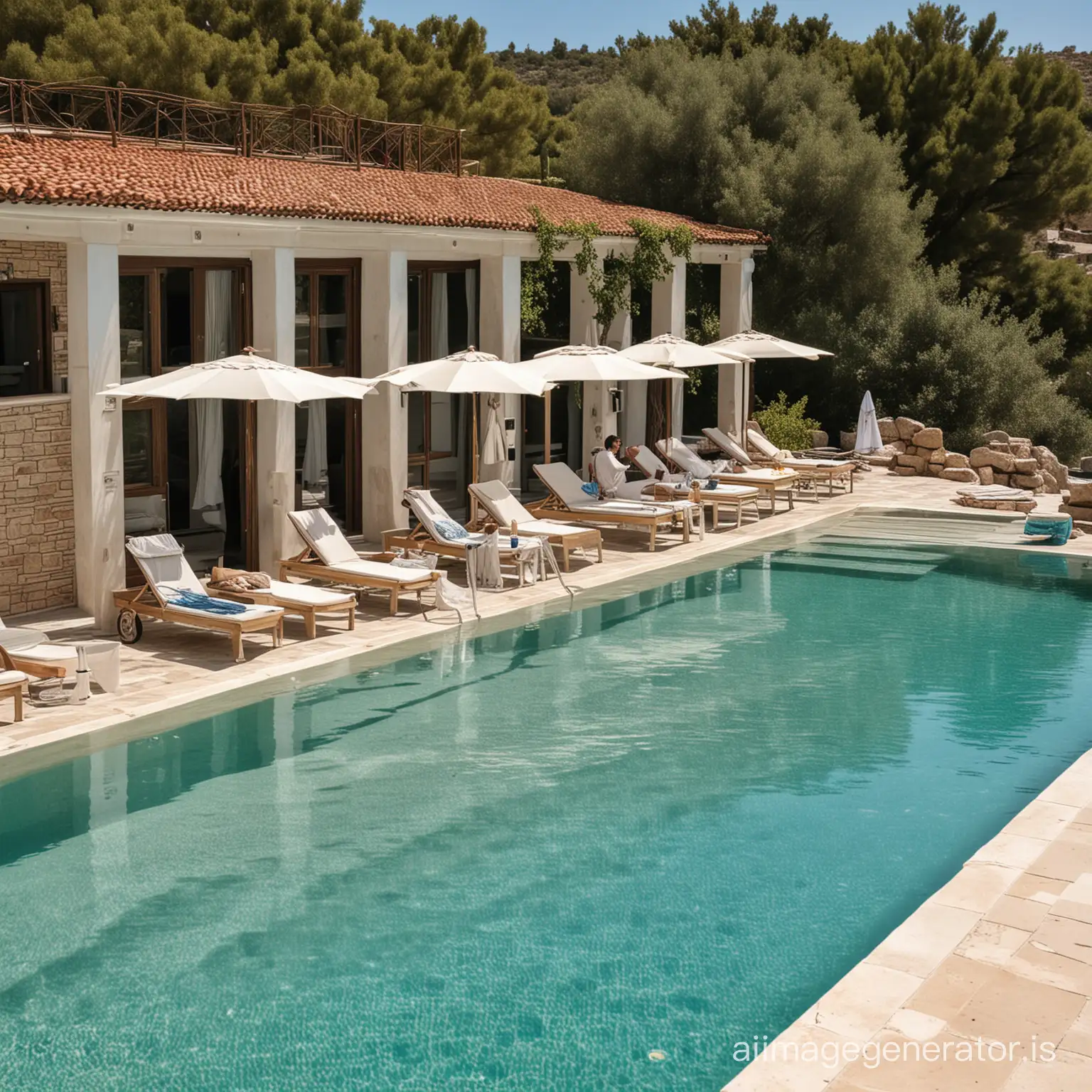 a lively atmosphere at a pool for a 5 star hotel on the Greek island of Chios. dont show the surroundings, do not show faces.