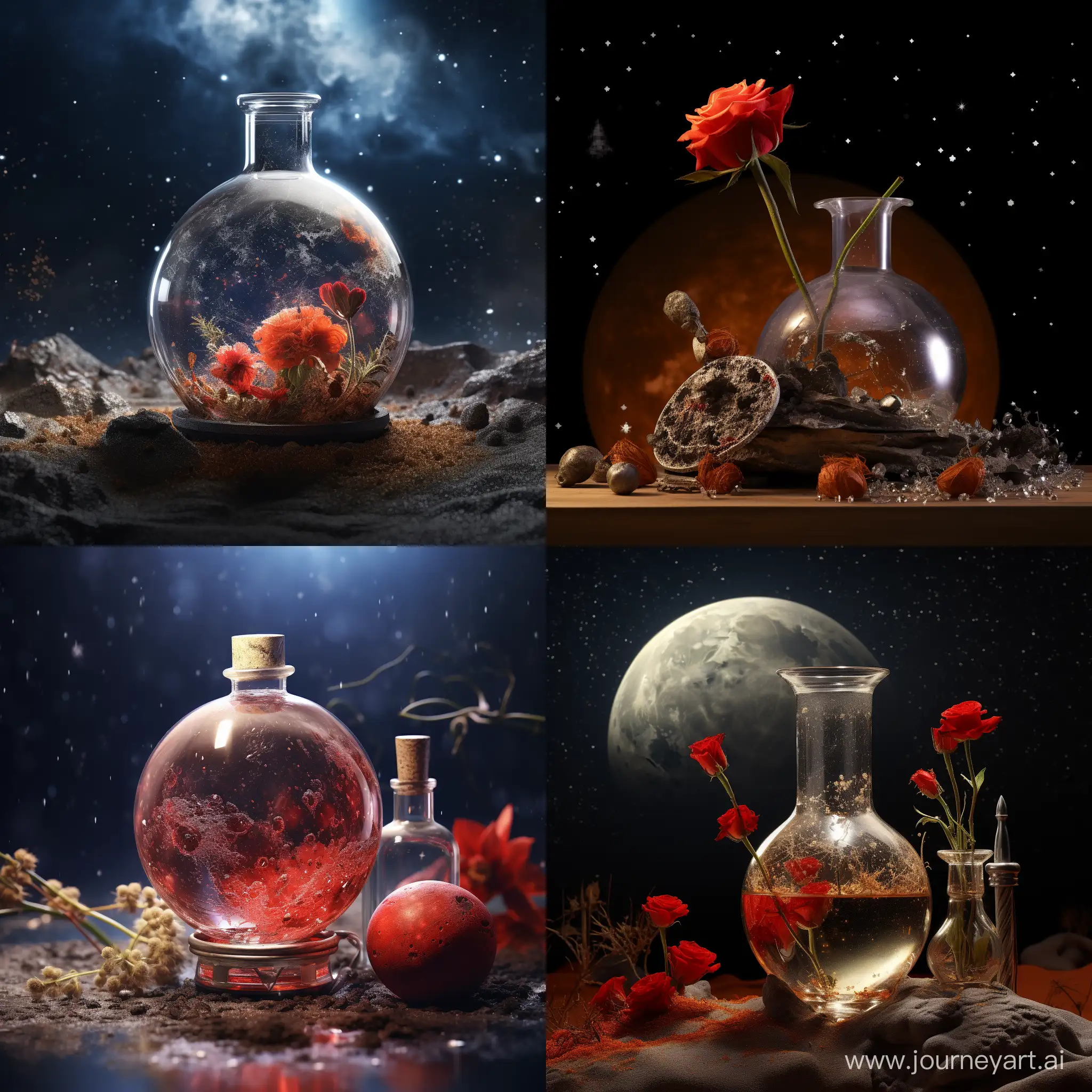 space, starspace, moon, meteorite craters on the moon, glass on the moon's surface, a beautiful red rose in a flask, a beautiful red rose in a flask, hyper-realism, 8K image quality, hyper-realism, 8K image quality, ultra detail 