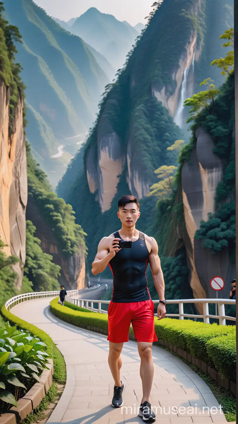 一位穿紧身健身衣身材高大魁梧的中国帅哥在贵州梵天景区拍写真