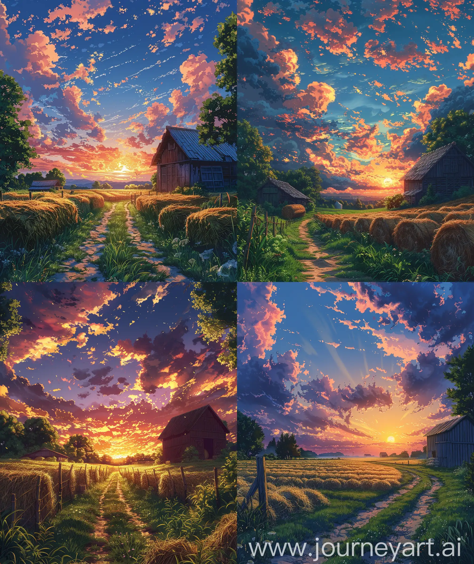 AnimeStyle-Farmland-Sunset-with-Path-and-Barn